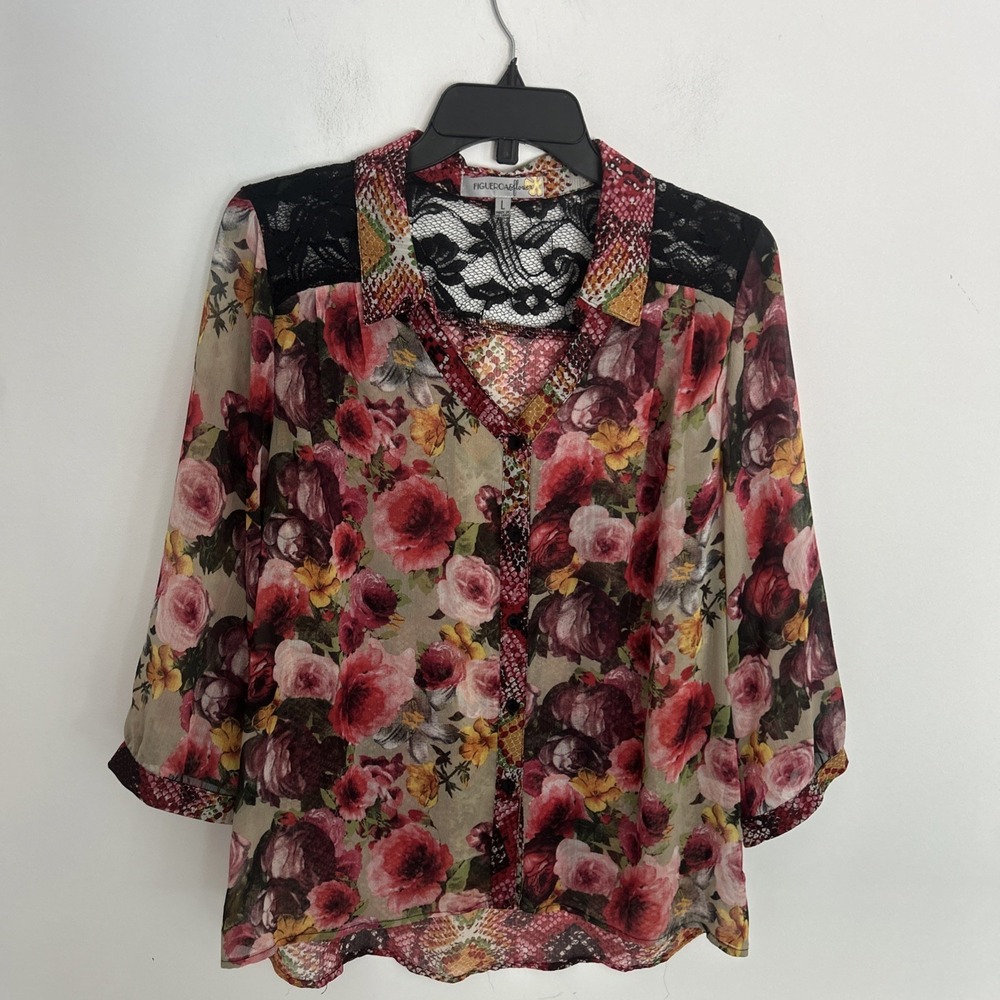 figueroa & flower blouse XL Sheer Artsy Floral Lace Snake Skin Button Down